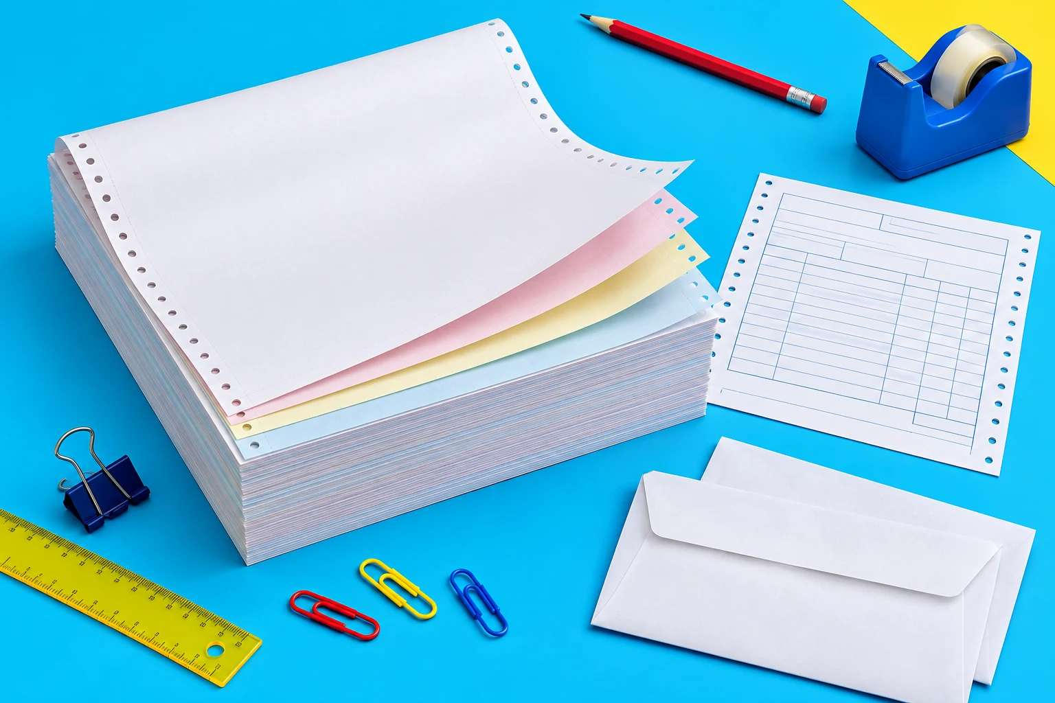 Ilustrasi continuous form dan kertas NCR dengan dekorasi alat tulis berwarna